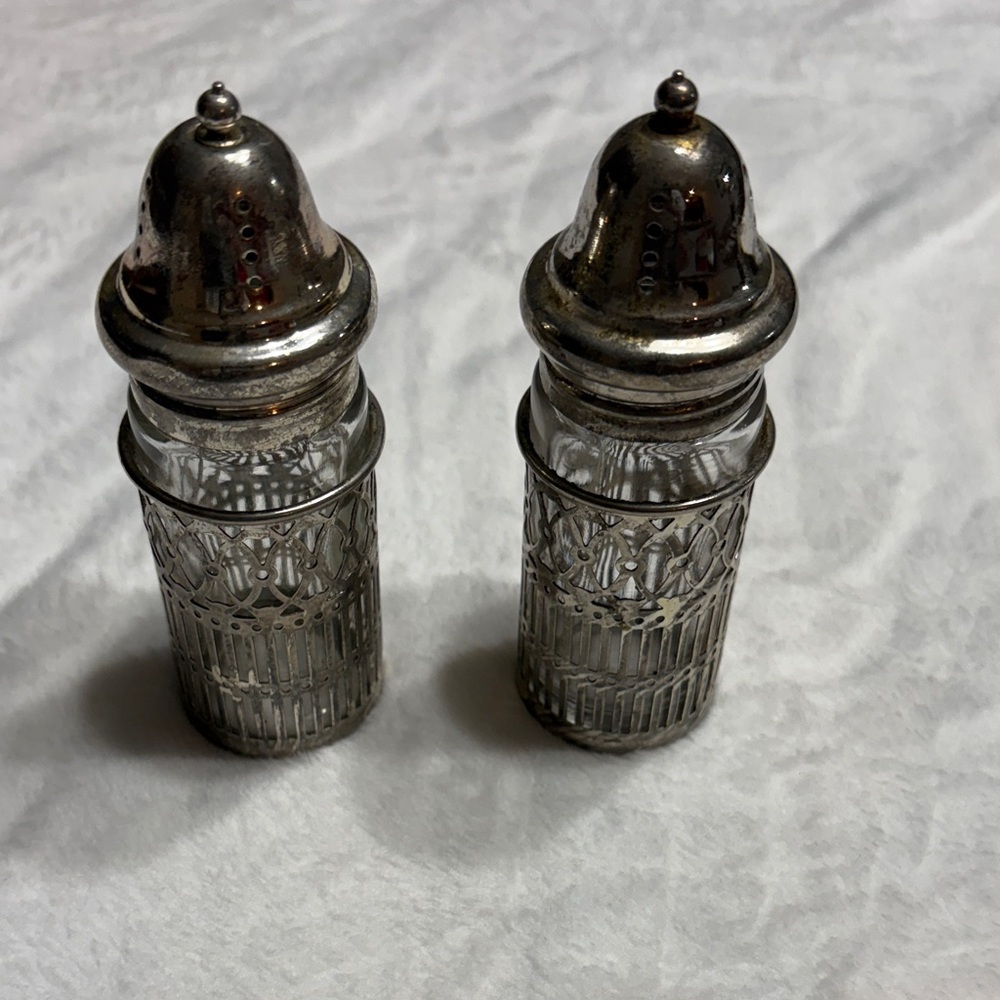 Vintage Glass Salt and Pepper Shakers with Silver Tops